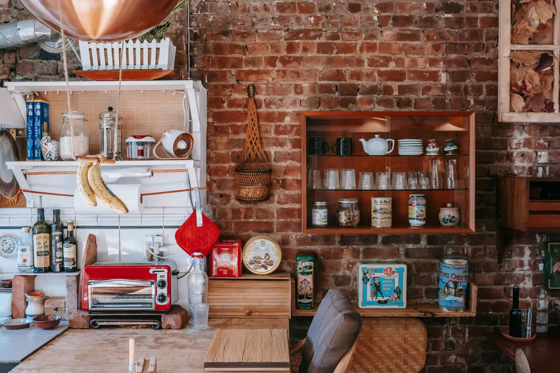 An interior exposed brick wall