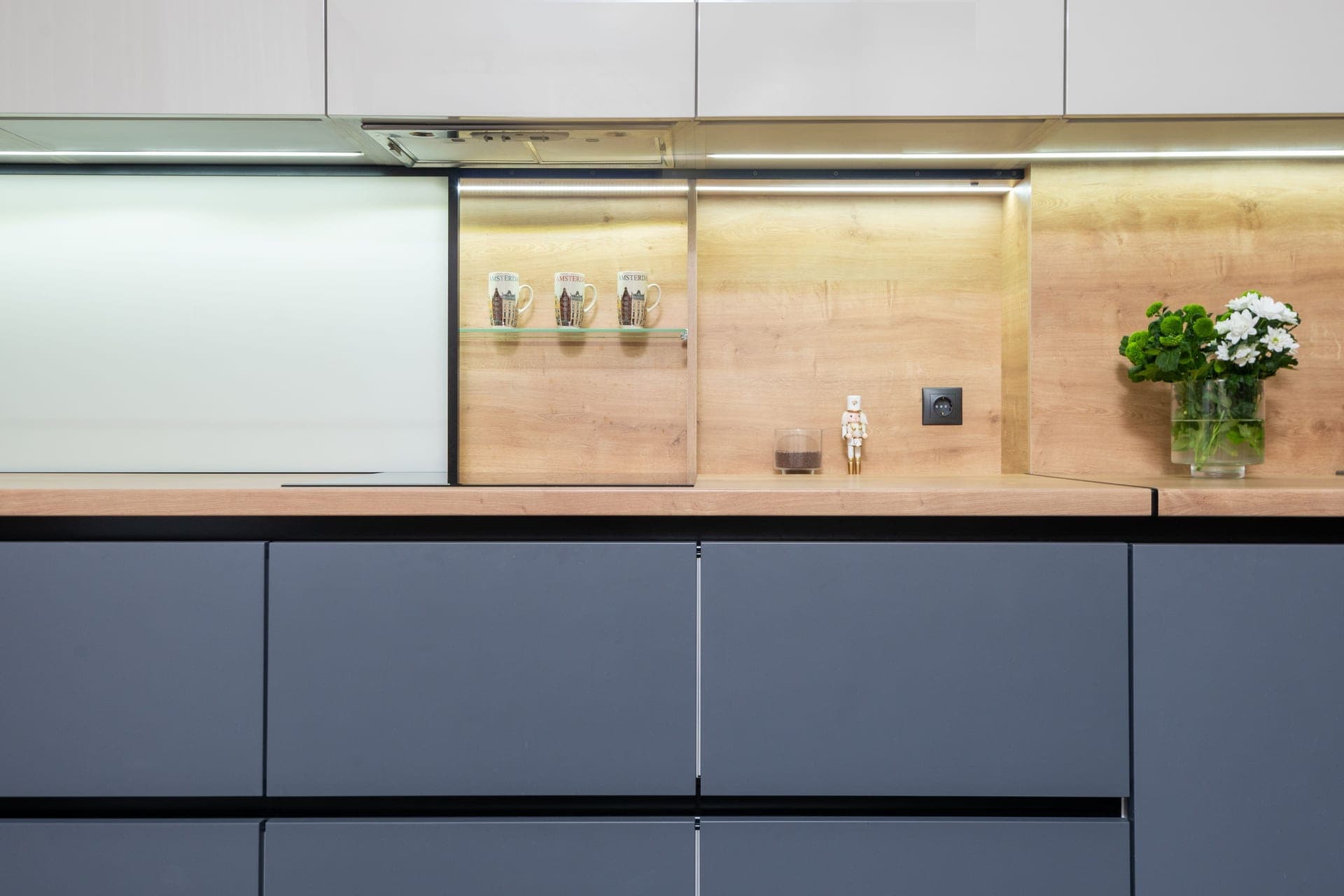 A row of kitchen cabinet doors under a counter